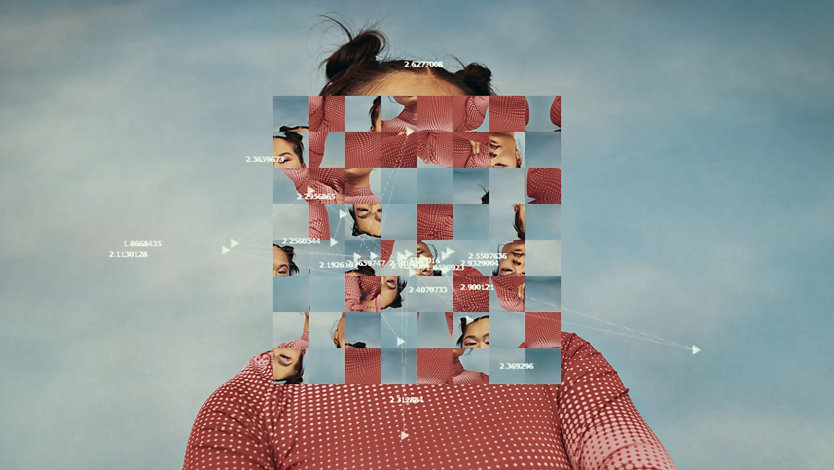 An east Asian woman in a red dress. Her face is overlaid with a grid of fragments of her face and dress.